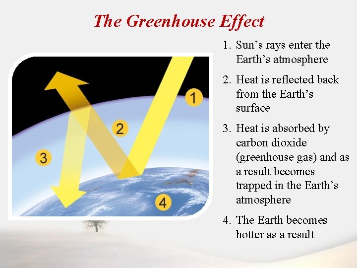 The Greenhouse Effect 1. Sun’s rays enter the Earth’s atmosphere 2. Heat is reflected