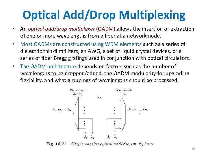 Optical Add/Drop Multiplexing • An optical add/drop multiplexer (OADM) allows the insertion or extraction