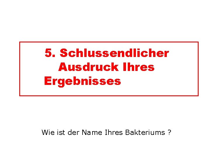 5. Schlussendlicher Ausdruck Ihres Ergebnisses Wie ist der Name Ihres Bakteriums ? 