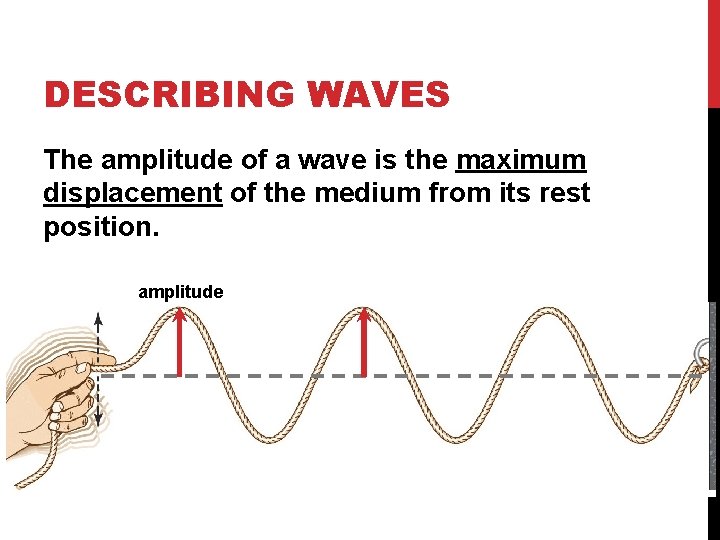 DESCRIBING WAVES The amplitude of a wave is the maximum displacement of the medium