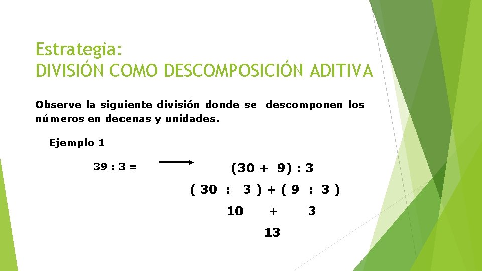 Estrategia: DIVISIÓN COMO DESCOMPOSICIÓN ADITIVA Observe la siguiente división donde se descomponen los números