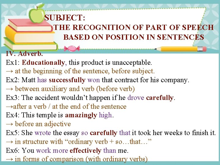 SUBJECT: THE RECOGNITION OF PART OF SPEECH BASED ON POSITION IN SENTENCES IV. Adverb.