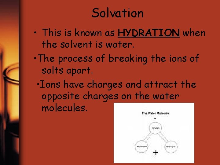 Solvation • This is known as HYDRATION when the solvent is water. • The