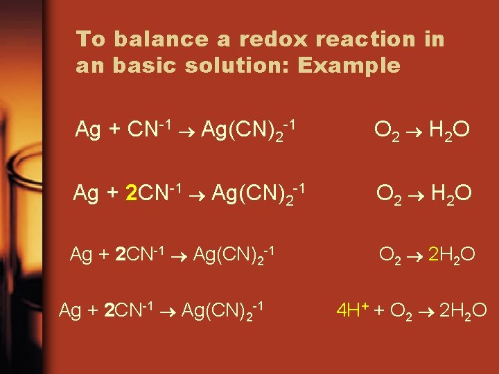 To balance a redox reaction in an basic solution: Example Ag + CN-1 Ag(CN)2