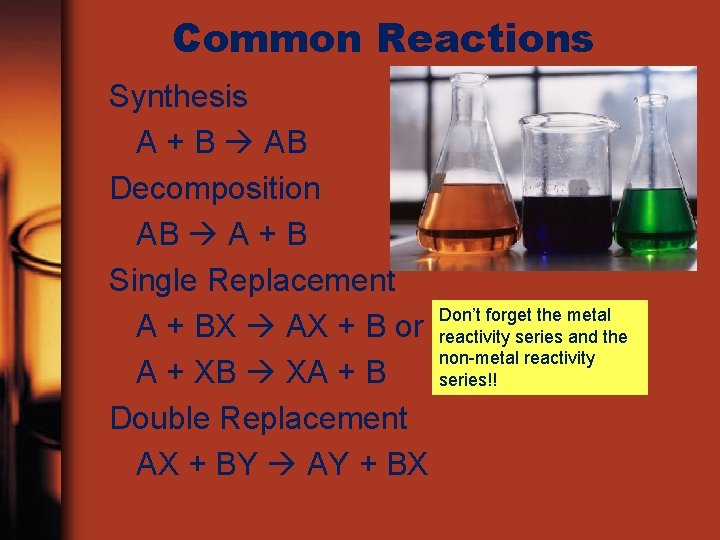 Common Reactions Synthesis A + B AB Decomposition AB A + B Single Replacement