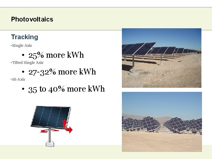 Photovoltaics Tracking • Single Axis • 25% more k. Wh • Tilted Single Axis