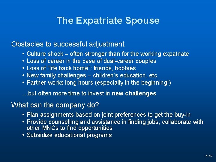 The Expatriate Spouse Obstacles to successful adjustment • • • Culture shock – often