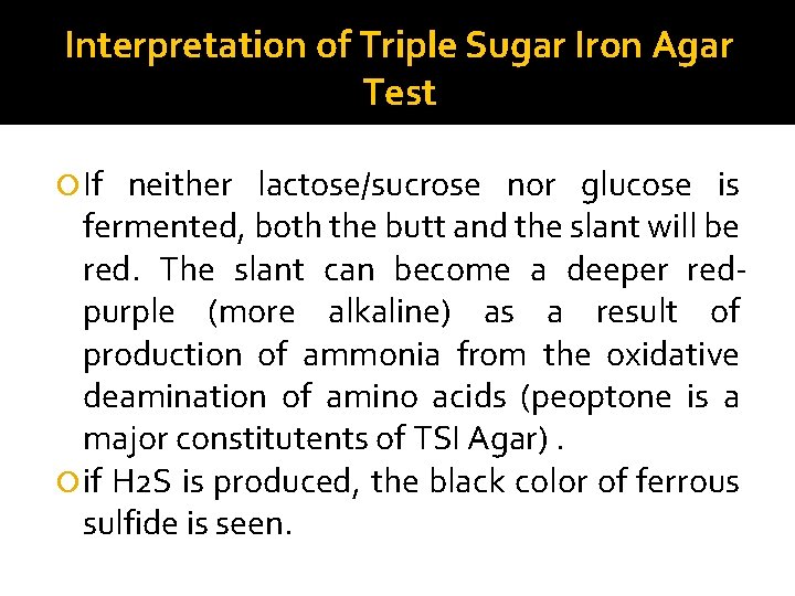 Interpretation of Triple Sugar Iron Agar Test If neither lactose/sucrose nor glucose is fermented,