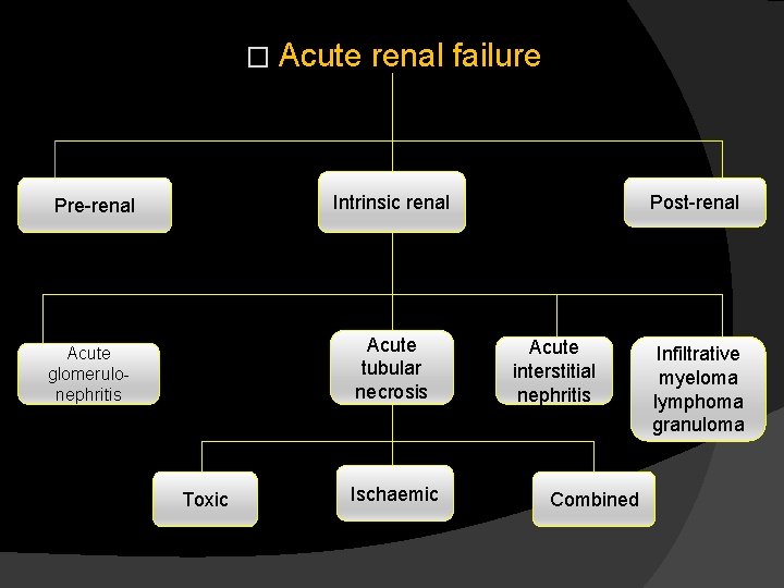 � Acute renal failure Intrinsic renal Pre-renal Acute tubular necrosis Acute glomerulonephritis Toxic Ischaemic