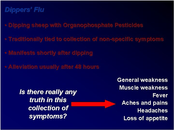 Dippers’ Flu • Dipping sheep with Organophosphate Pesticides • Traditionally tied to collection of