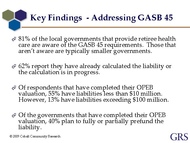 Key Findings - Addressing GASB 45 Ã 81% of the local governments that provide