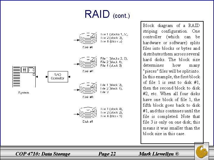 RAID (cont. ) Block diagram of a RAID striping configuration. One controller (which can