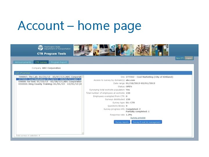 Account – home page 
