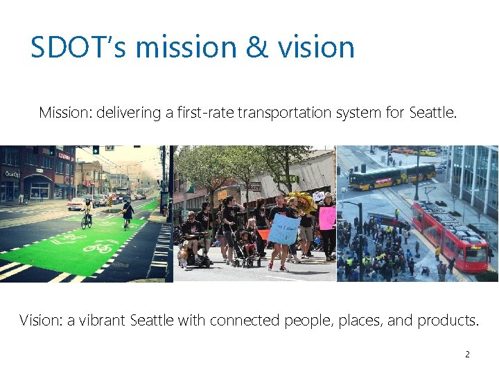 SDOT’s mission & vision Mission: delivering a first-rate transportation system for Seattle. Vision: a