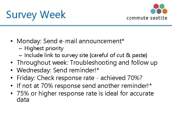 Survey Week • Monday: Send e-mail announcement* – Highest priority – Include link to