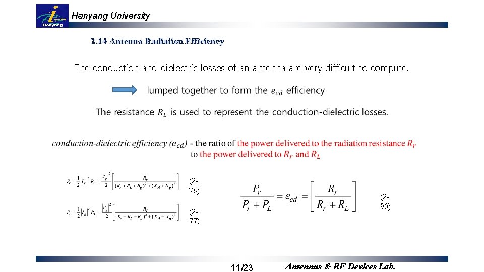 Hanyang University 2. 14 Antenna Radiation Efficiency The conduction and dielectric losses of an