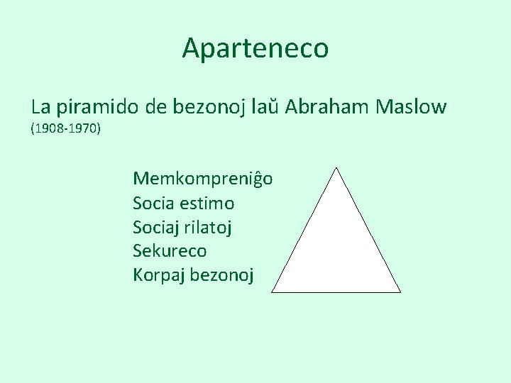 Aparteneco La piramido de bezonoj laŭ Abraham Maslow (1908 -1970) Memkompreniĝo Socia estimo Sociaj