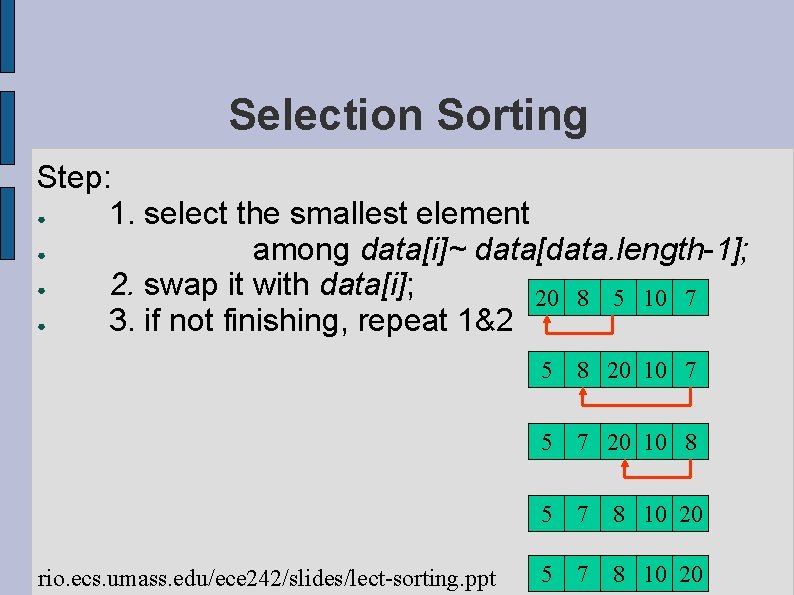 Selection Sorting Step: ● 1. select the smallest element ● among data[i]~ data[data. length-1];