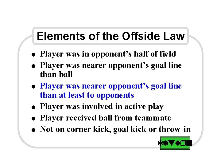 Elements of the Offside Law l l l Player was in opponent’s half of