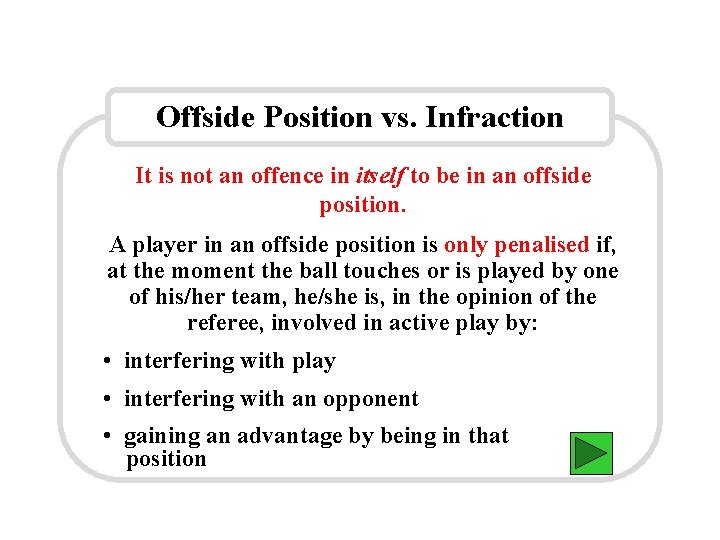 Offside Position vs. Infraction It is not an offence in itself to be in