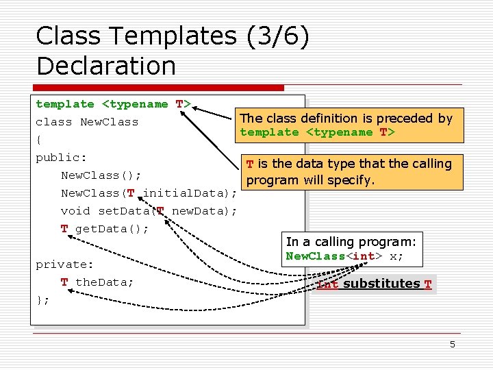 Class Templates (3/6) Declaration template <typename T> The class definition is preceded by class