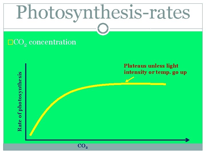 Photosynthesis-rates �CO 2 concentration Rate of photosynthesis Plateaus unless light intensity or temp. go