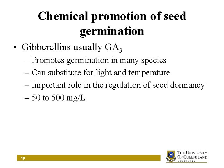 Chemical promotion of seed germination • Gibberellins usually GA 3 – Promotes germination in