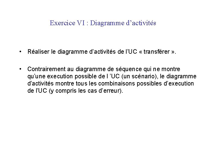Exercice VI : Diagramme d’activités • Réaliser le diagramme d’activités de l’UC « transférer