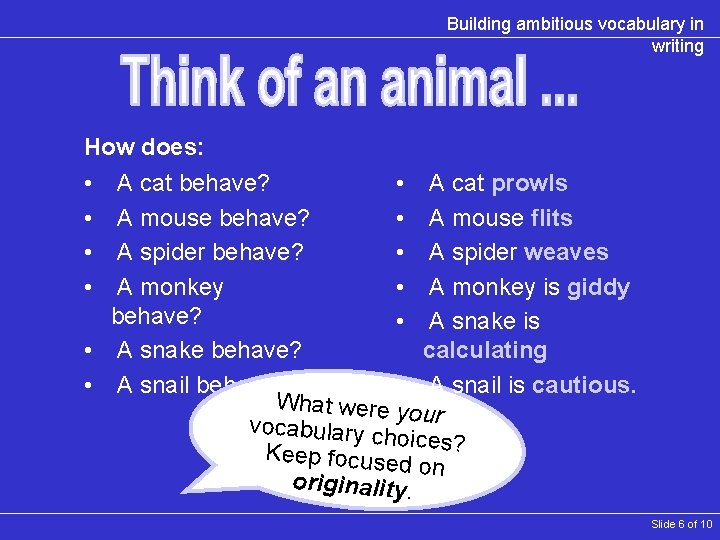 Building ambitious vocabulary in writing How does: • A cat behave? • A cat