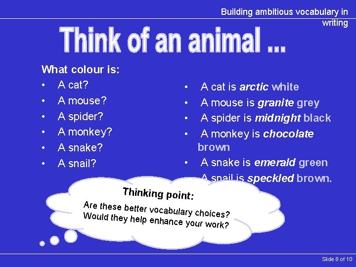 Building ambitious vocabulary in writing What colour is: • A cat? • A mouse?