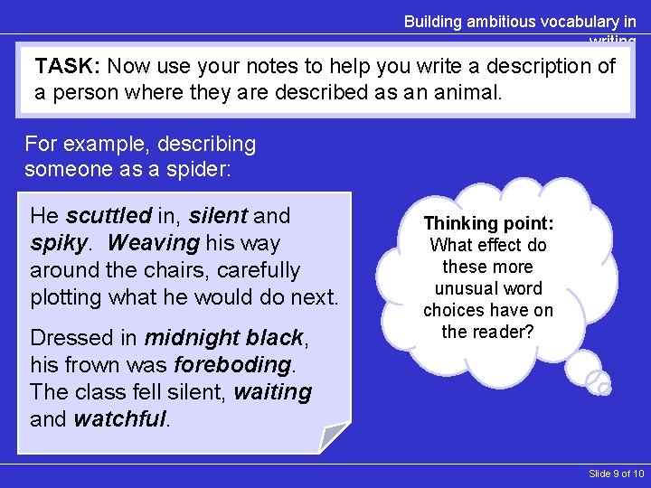 Building ambitious vocabulary in writing TASK: Now use your notes to help you write