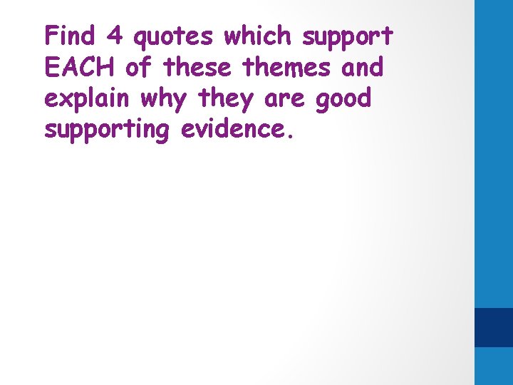 Find 4 quotes which support EACH of these themes and explain why they are