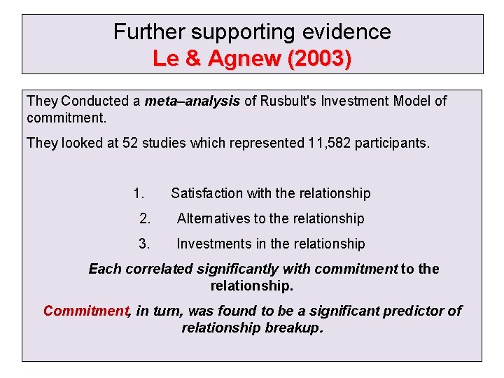 Further supporting evidence Le & Agnew (2003) They Conducted a meta–analysis of Rusbult's Investment