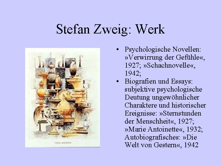 Stefan Zweig: Werk • Psychologische Novellen: » Verwirrung der Gefühle «, 1927; » Schachnovelle