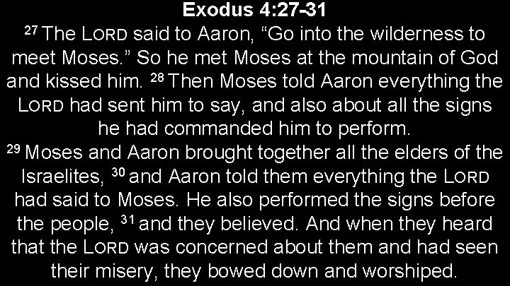 Exodus 4: 27 -31 27 The LORD said to Aaron, “Go into the wilderness