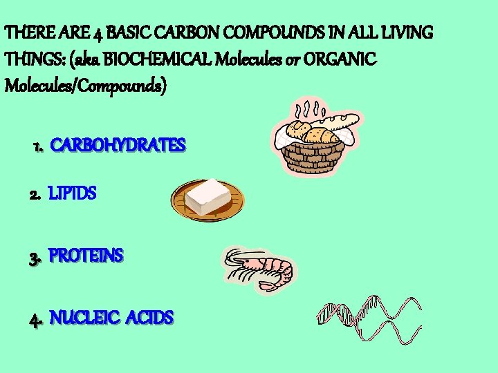 THERE ARE 4 BASIC CARBON COMPOUNDS IN ALL LIVING THINGS: (aka BIOCHEMICAL Molecules or THERE ARE 4 BASIC CARBON COMPOUNDS IN ALL LIVING THINGS: (aka BIOCHEMICAL Molecules or