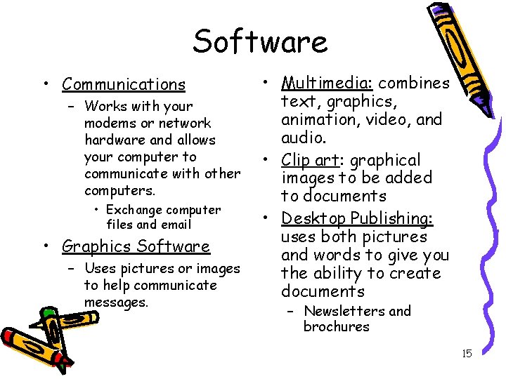 Software • Communications – Works with your modems or network hardware and allows your