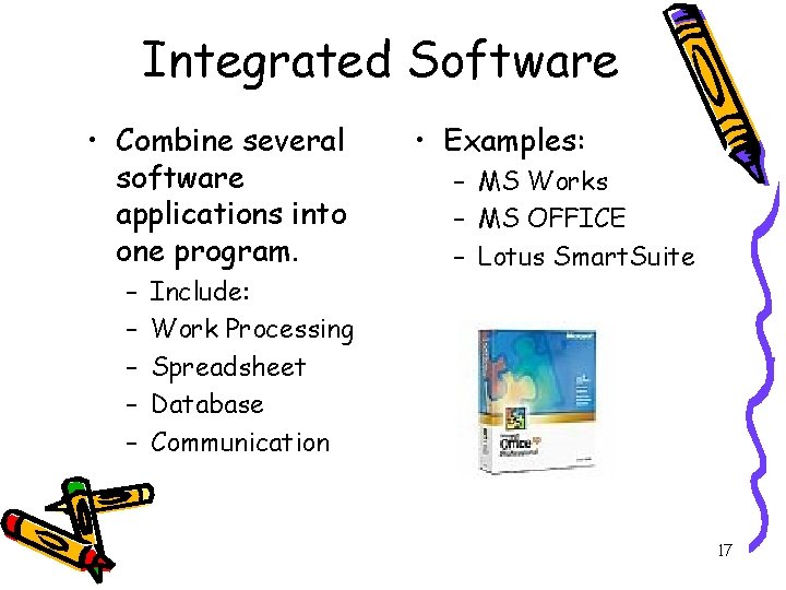 Integrated Software • Combine several software applications into one program. – – – Include: