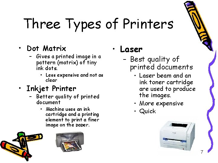 Three Types of Printers • Dot Matrix – Gives a printed image in a