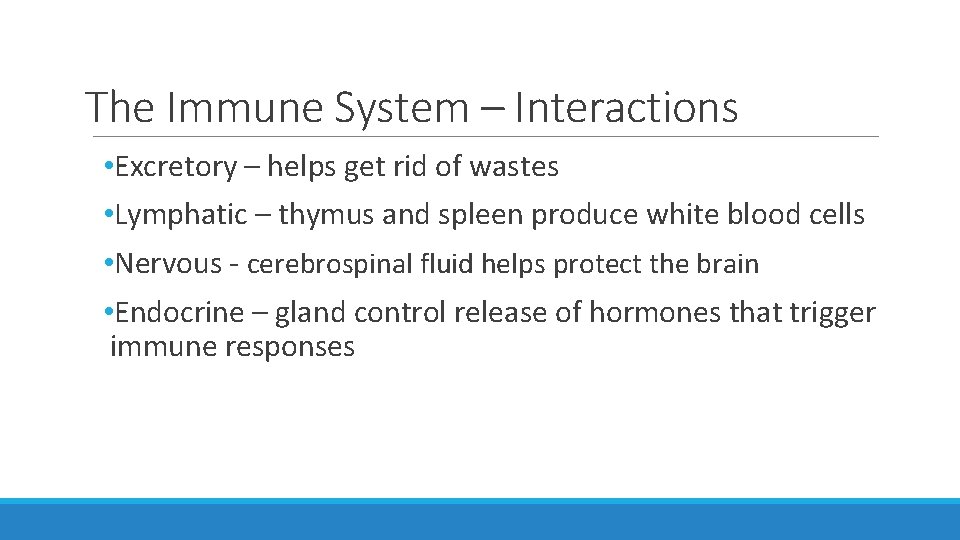 The Immune System – Interactions • Excretory – helps get rid of wastes • The Immune System – Interactions • Excretory – helps get rid of wastes •