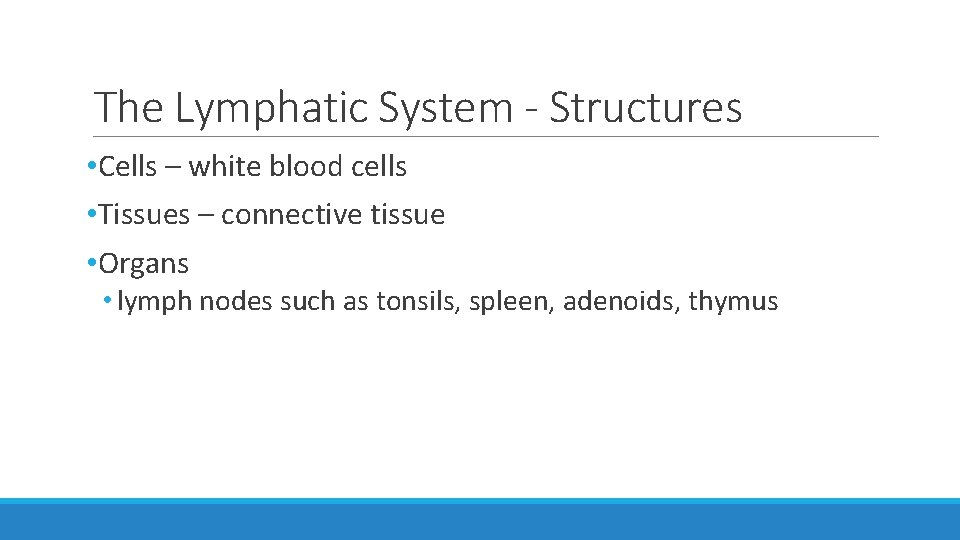 The Lymphatic System - Structures • Cells – white blood cells • Tissues – The Lymphatic System - Structures • Cells – white blood cells • Tissues –