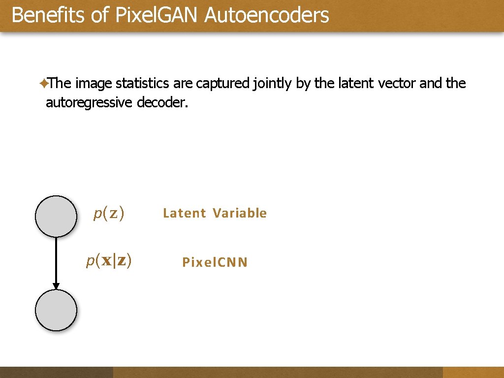 Benefits of Pixel. GAN Autoencoders ✦The image statistics are captured jointly by the latent