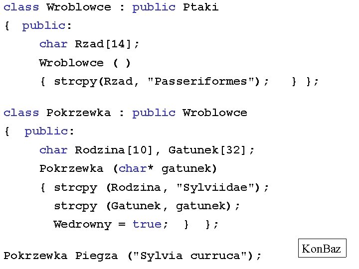 class Wroblowce : public Ptaki { public: char Rzad[14]; Wroblowce ( ) { strcpy(Rzad,