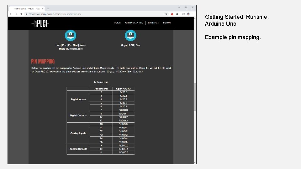 Getting Started: Runtime: Arduino Uno Example pin mapping. 