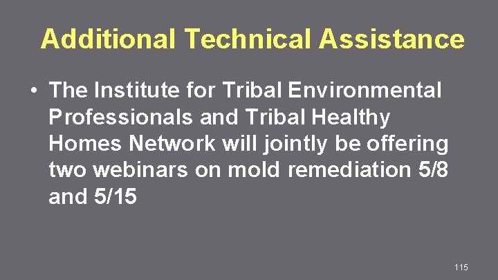 Additional Technical Assistance • The Institute for Tribal Environmental Professionals and Tribal Healthy Homes