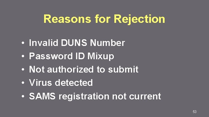 Reasons for Rejection • • • Invalid DUNS Number Password ID Mixup Not authorized