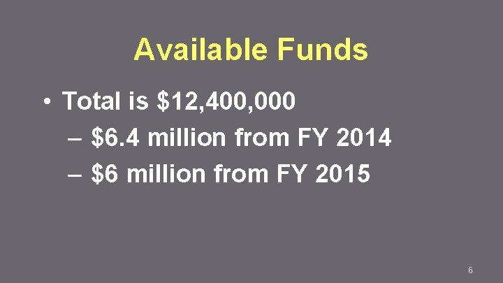 Available Funds • Total is $12, 400, 000 – $6. 4 million from FY