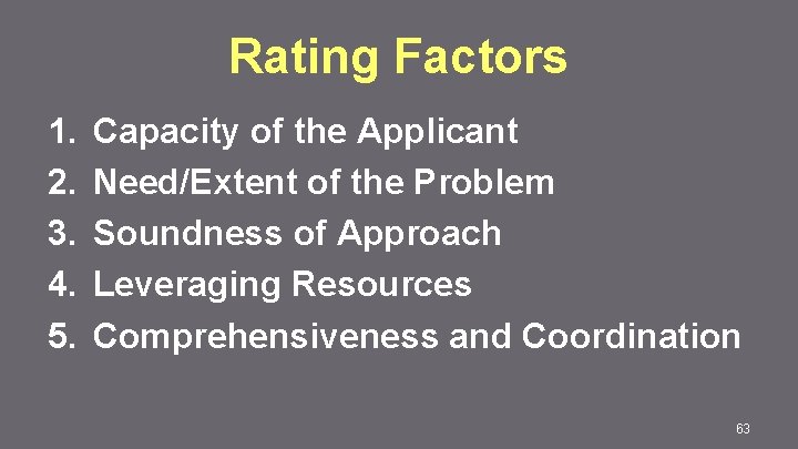 Rating Factors 1. 2. 3. 4. 5. Capacity of the Applicant Need/Extent of the