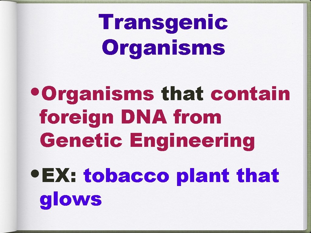 Transgenic Organisms • Organisms that contain foreign DNA from Genetic Engineering • EX: tobacco