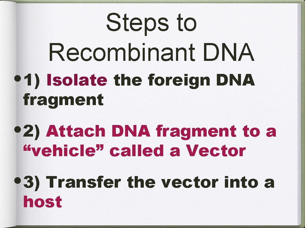 Steps to Recombinant DNA • 1) Isolate the foreign DNA fragment • 2) Attach